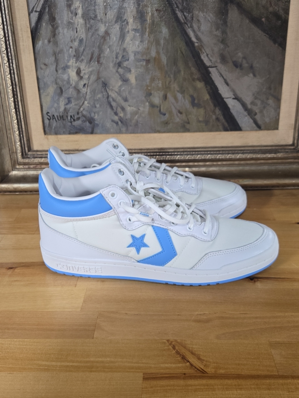 Converse Men's White and Carolina Blue Mid-Top Sneakers